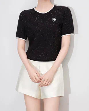 Color-Block Round-Neck Camellia Knit Sweater