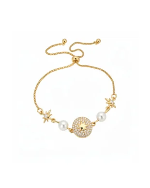 14k Gold Plated Zirconia Star Burst Round Pearl Bracelet