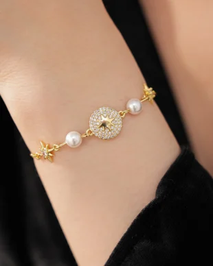 14k Gold Plated Zirconia Star Burst Round Pearl Bracelet