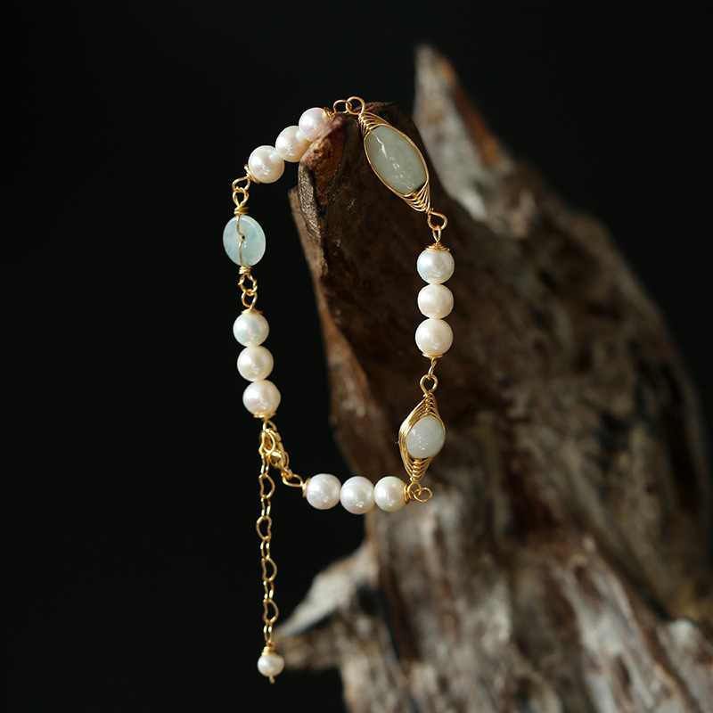 Jadeite Handmade Pearl 14K Gold Bracelet