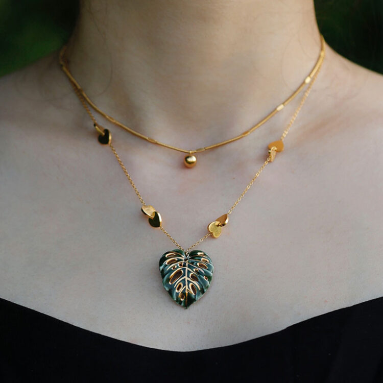 Hand-Painted Green Gold Monstera Ceramic Necklace