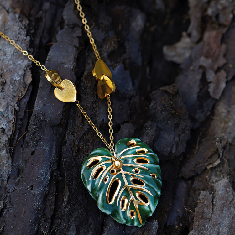 Hand-Painted Green Gold Monstera Ceramic Necklace