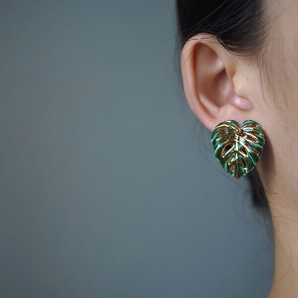 Hand-Painted Green Gold Monstera Ceramic Stud Earrings