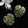 Hand-Painted Green Gold Monstera Ceramic Stud Earrings