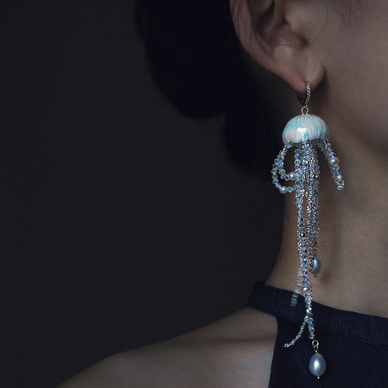 Jellyfish Ceramic Crystal Natural Pearl Long Earrings