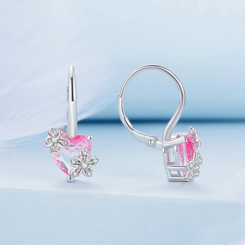 Pink Heart Shape Flower S925 Silver Earrings