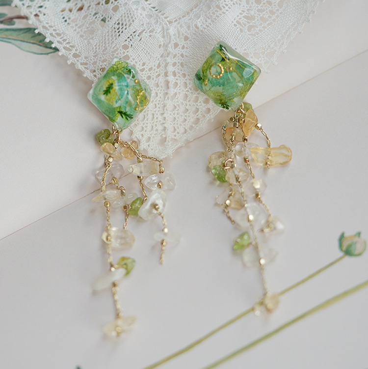 Real Flower Natural Stone Long Tassel Earrings