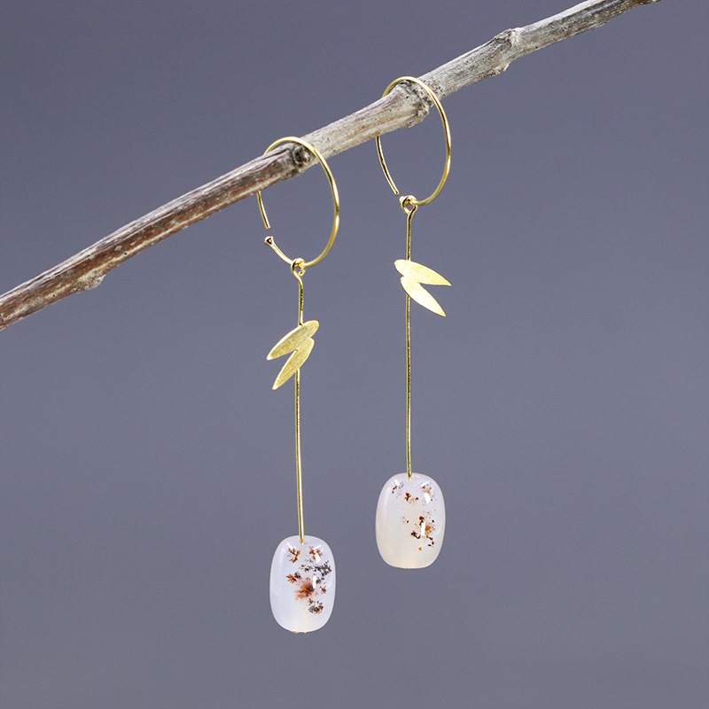 S925 Silver Bamboo Leaf Agate Earrings