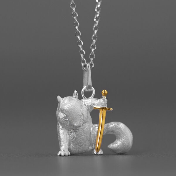 S925 Silver Cute Sword Holding Squirrel Pendant