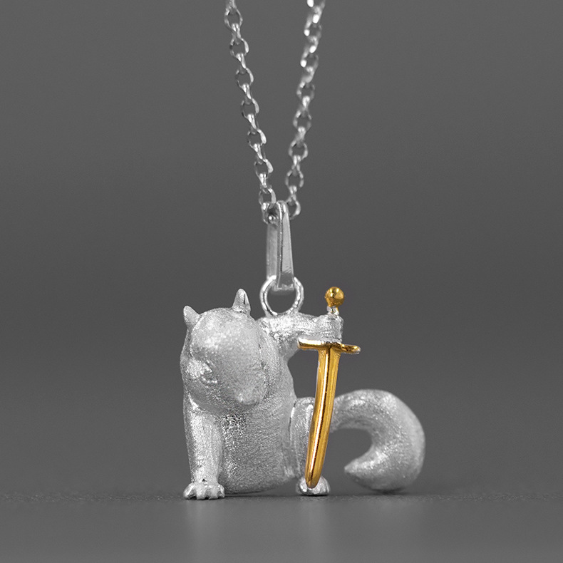 S925 Silver Cute Sword Holding Squirrel Pendant
