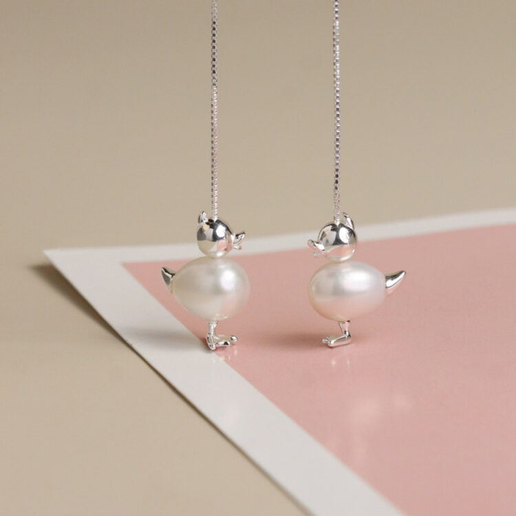 S925 Silver Fun Cute Duck Pearl Threader Earrings