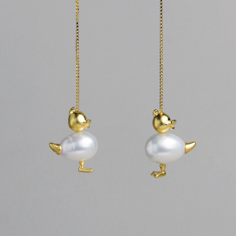 S925 Silver Fun Cute Duck Pearl Threader Earrings