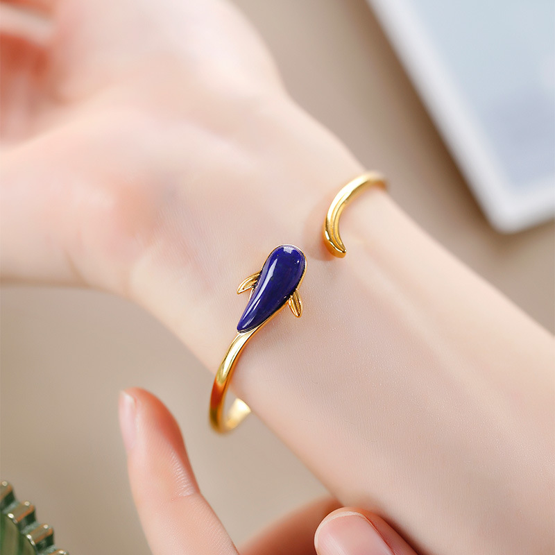 S925 Silver Gold-plated Inlaid lapis lazuli small whale bangle