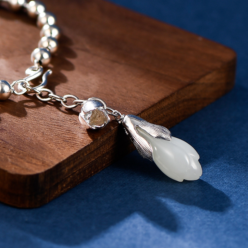 S925 Silver Inlaid Hetian Magnolia Flower Bead Bracelet