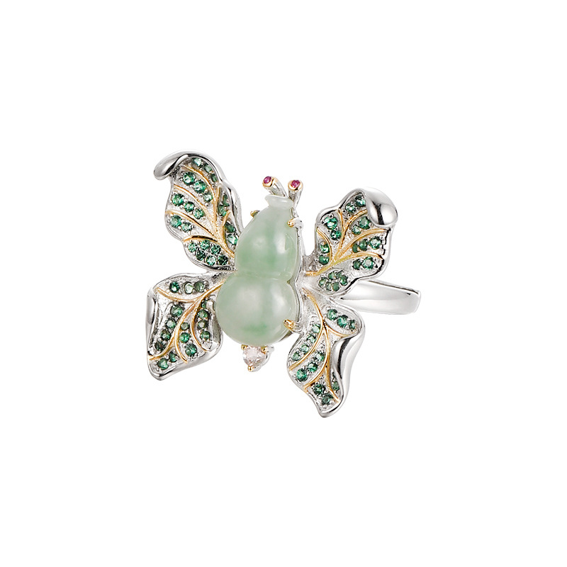 S925 Silver Inlaid Jade Gourd Butterfly Ring