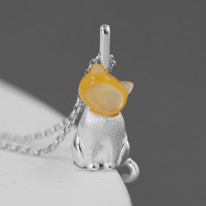 S925 Silver Inlaid Yellow Shell Lovely Cat Pendant
