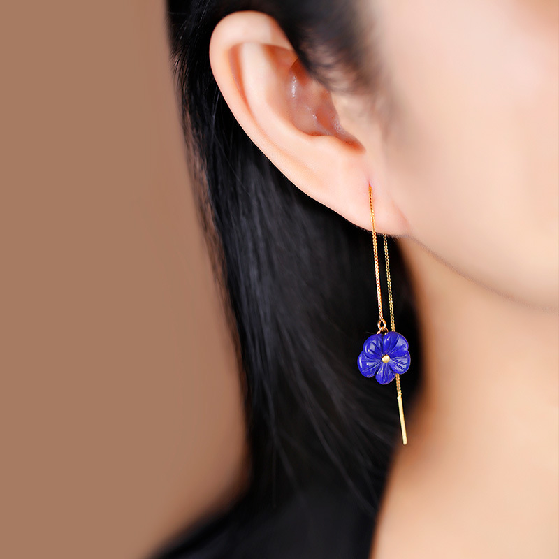 S925 Silver Inlaid Lapis Lazuli Flower Threader Earring