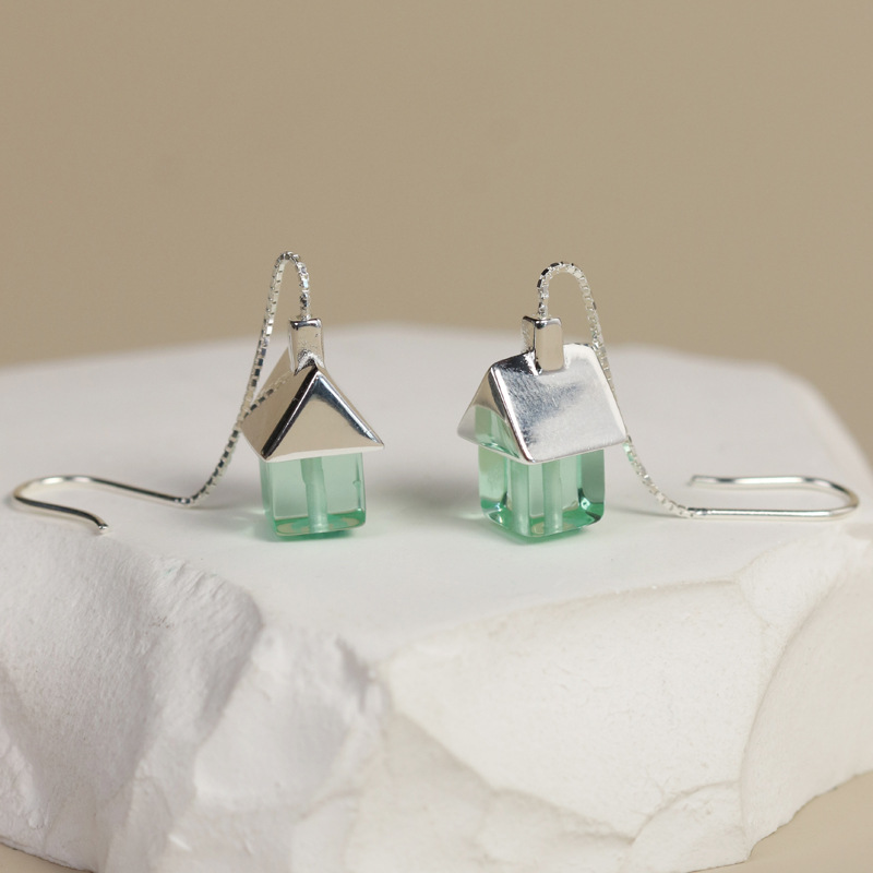 S925 Silver Small House Set Crystal Glass Threader Earrings