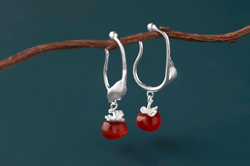 S925 Sliver Red Agate Persimmon Ear Cuffs