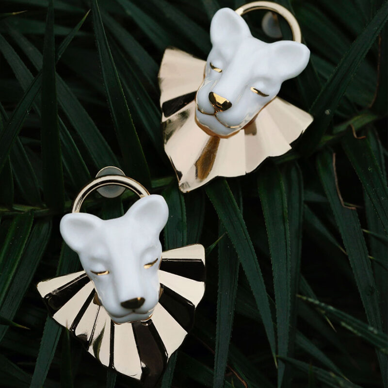Sleeping Lioness Ceramic Pleated Metal Stud Earrings