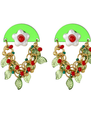 Vintage Green Leaf Pearl Flower Tassel Earrings