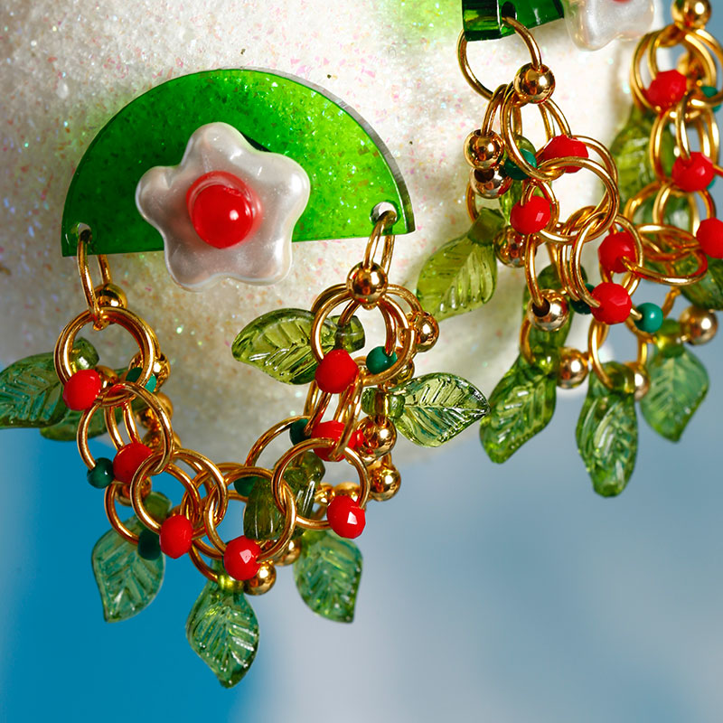 Vintage Green Leaf Pearl Flower Tassel Earrings