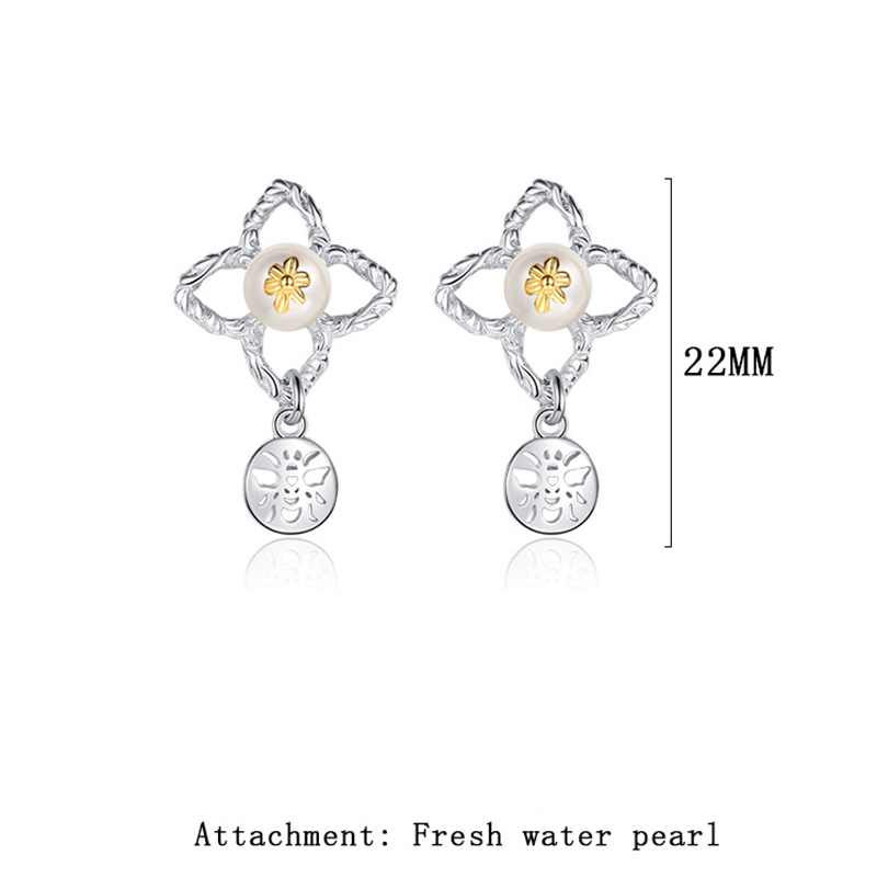 S925 Silver Bee Flower Pearl Earrings