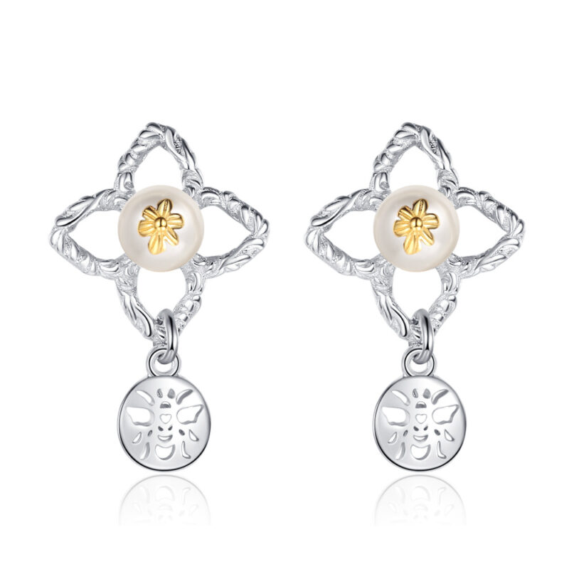 S925 Silver Bee Flower Pearl Earrings