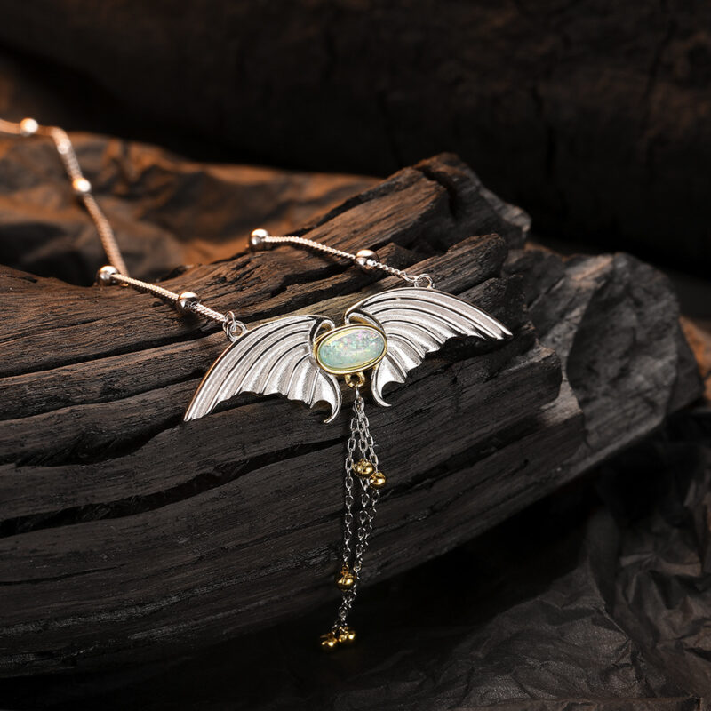 S925 Silver Opal Tassel Devil Wing Necklace