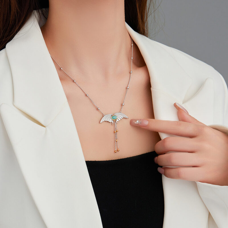 925 Silver Opal Tassel Devil Wing Necklace