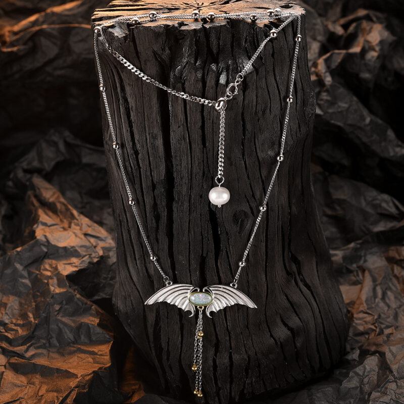 S925 Silver Opal Tassel Devil Wing Necklace