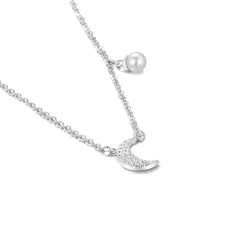 999 Silver Moon Inlaid Zircon Pearl Necklace