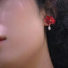 Handmade Leather Camellia Pearl Stud Earrings