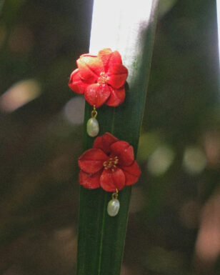 Handmade Leather Camellia Pearl Stud Earrings