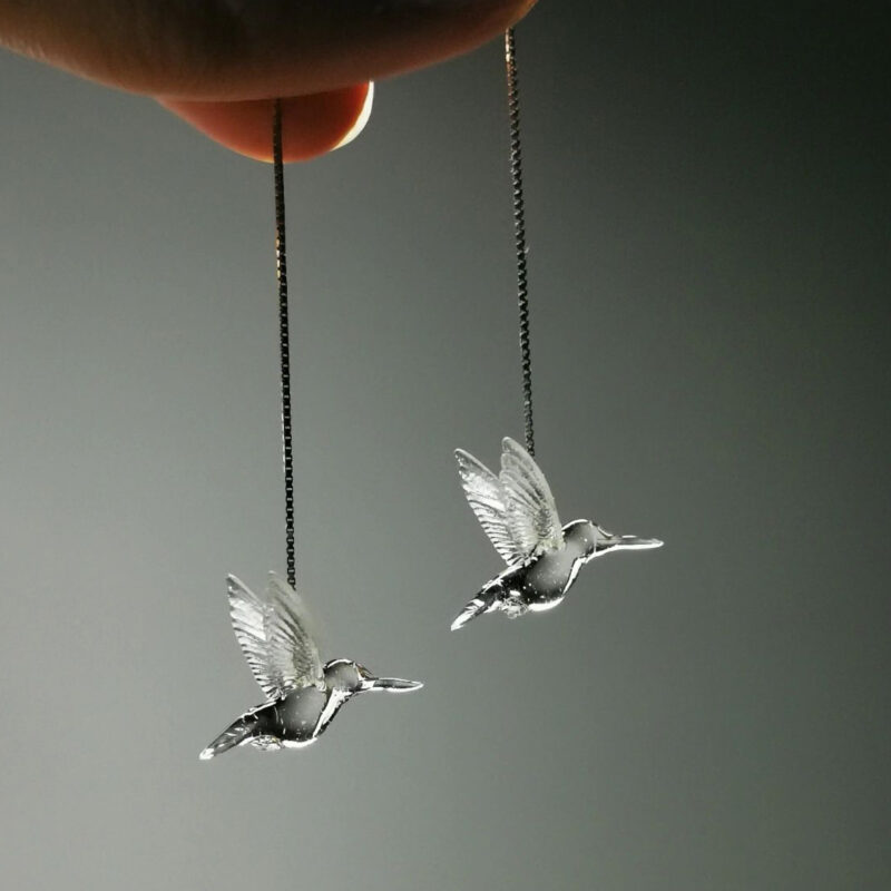 Handmade Resin Hummingbird Threader Earrings
