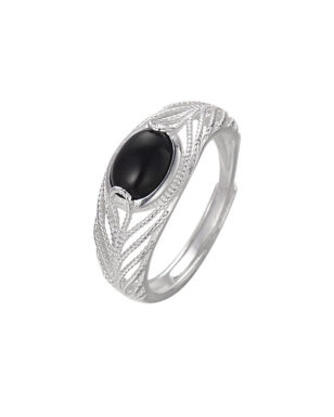 S925 Silver Black Agate Hollow Feather Open Ring