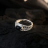 S925 Silver Black Agate Hollow Feather Open Ring