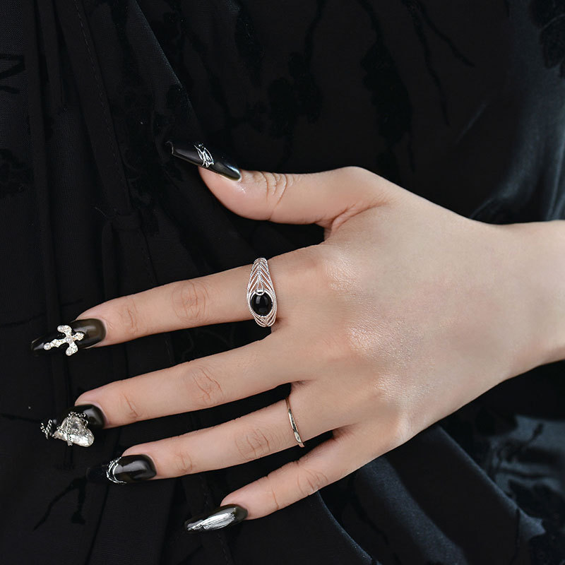 S925 Silver Black Agate Hollow Feather Open Ring