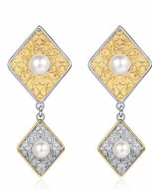 S925 Silver Color Contrast Pearl Square Earrings