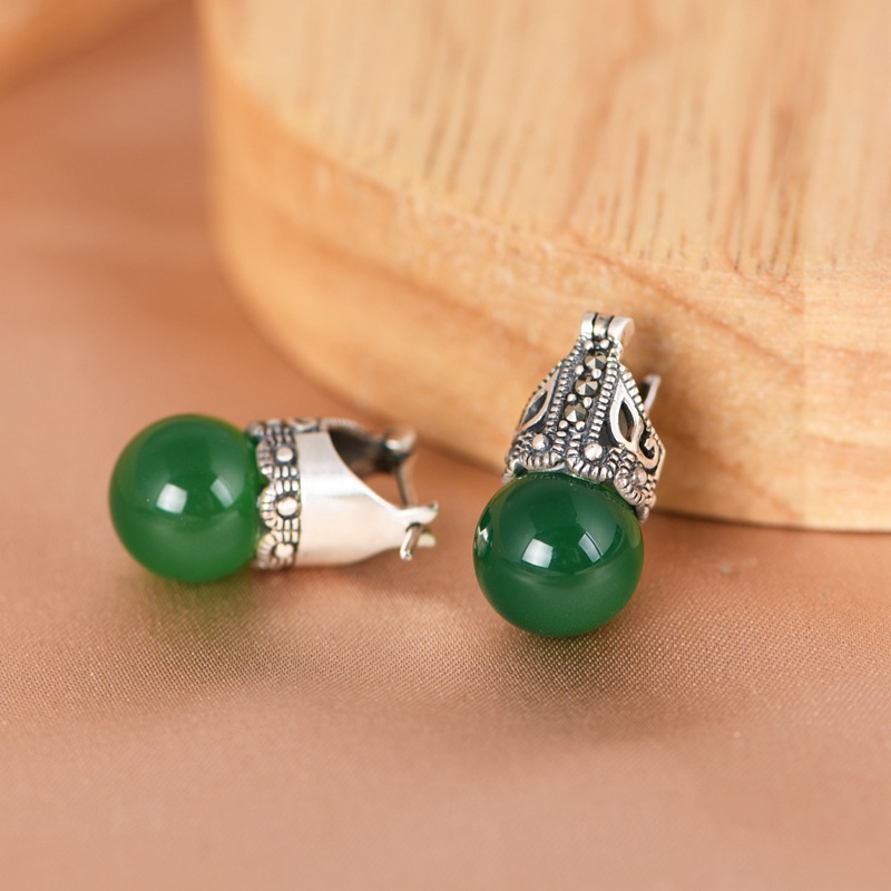 S925 Silver Crown Green Agate Earrings