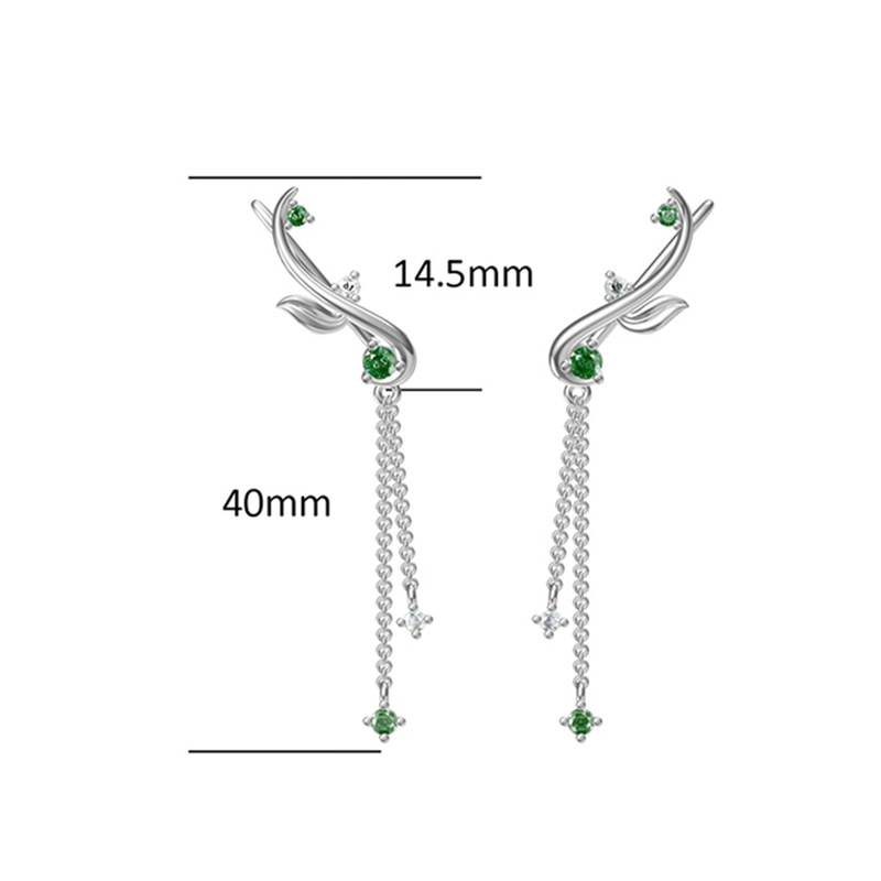 S925 Silver Flower Branch Green Zircon Tassel Earrings