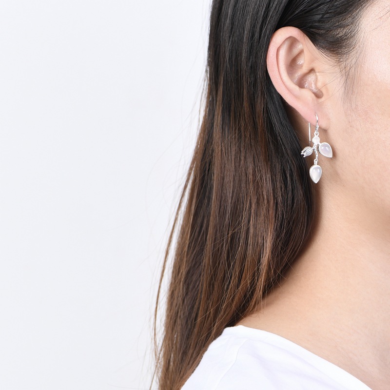 S925 Silver Flower Water Drop Inlaid Jade Earrings