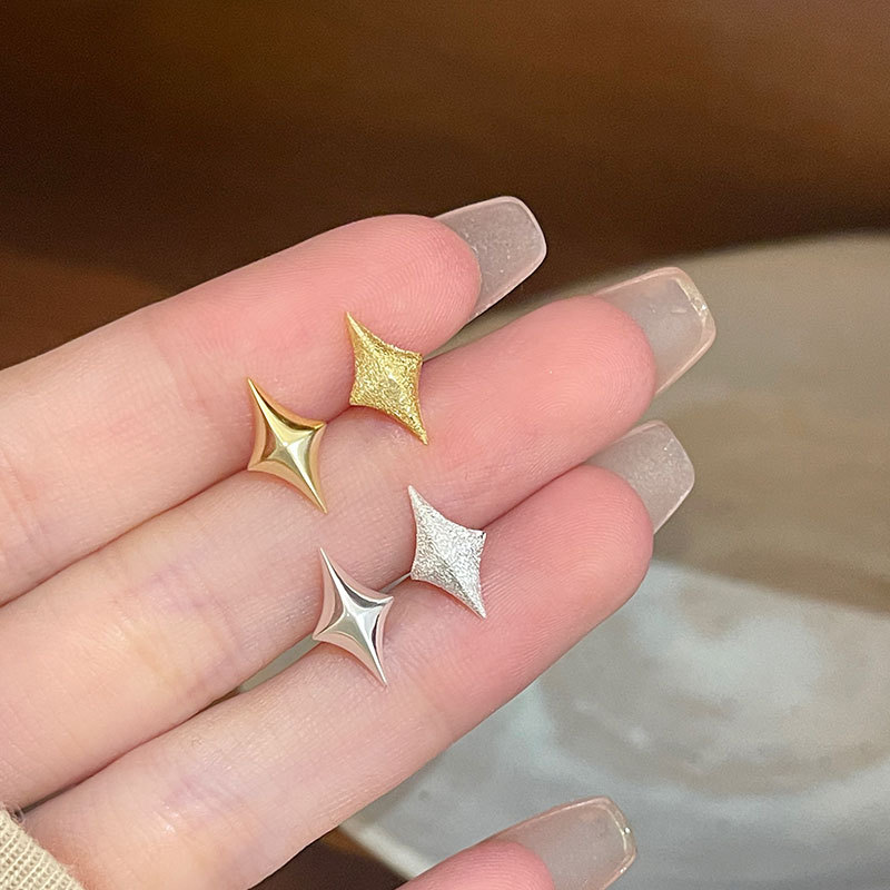 S925 Silver Four-pointed star Mismatched Glossy Frosted Stud Earrings