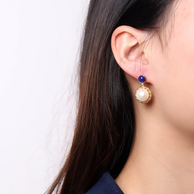S925 Silver Gold Plated Pearl Lapis Earrings
