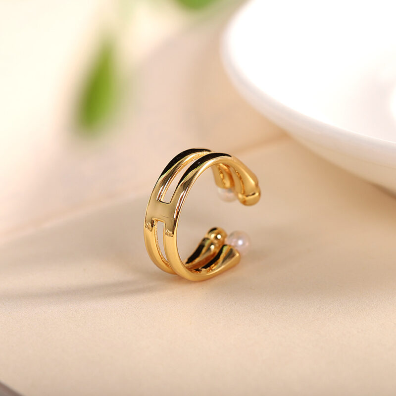 S925 Silver Gold-plated Inlaid Freshwater Pearl Open Ring