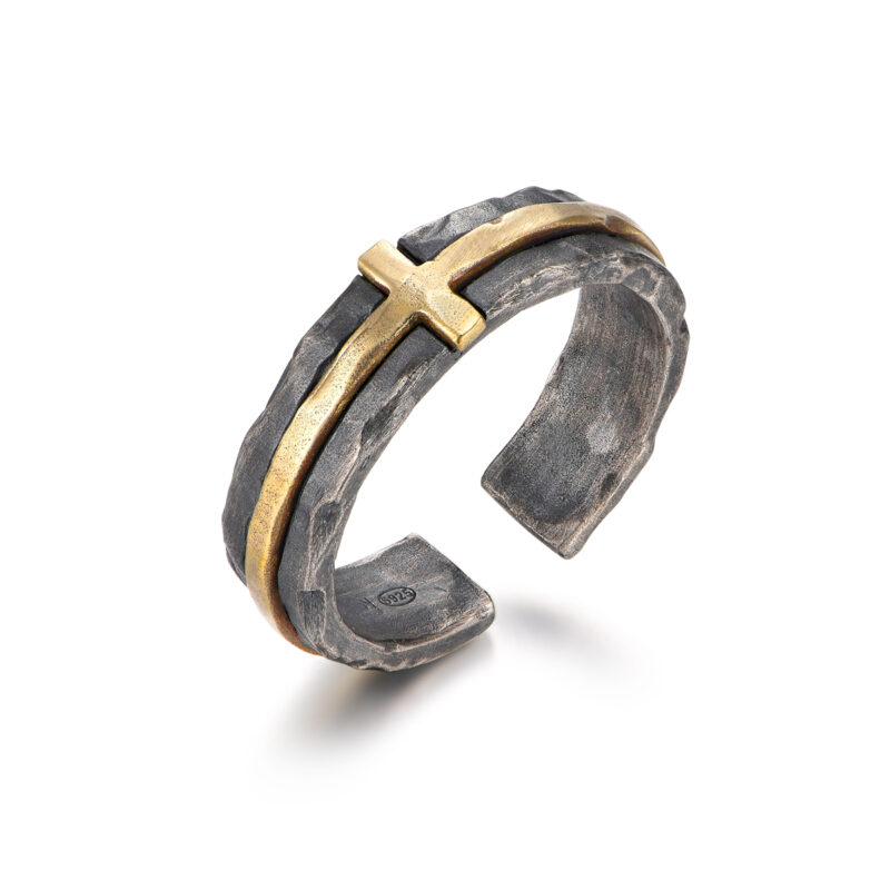 S925 Silver Inlaid Brass Cross Open Ring