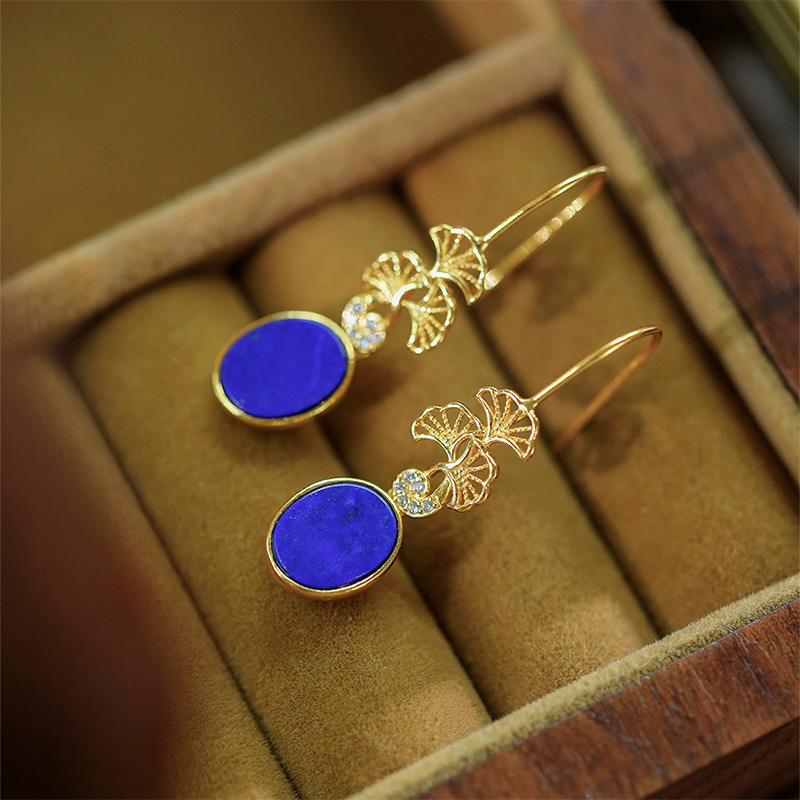 S925 Silver Inlaid Lapis Lapis Hollow Ginkgo Leaf Earrings