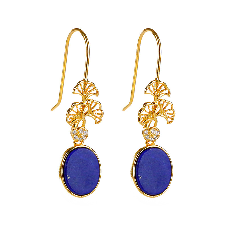 S925 Silver Inlaid Lapis Lapis Hollow Ginkgo Leaf Earrings