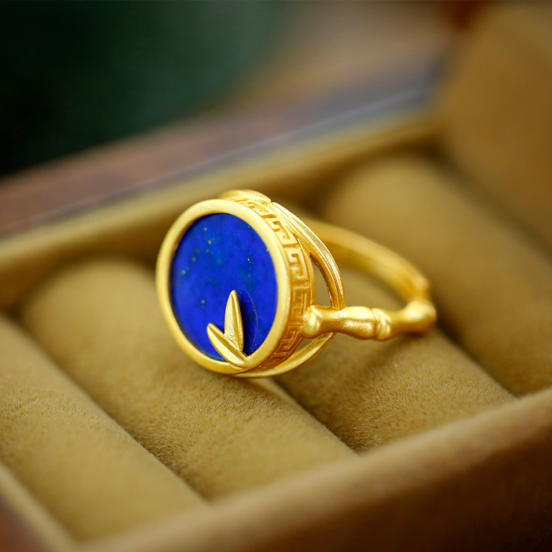 S925 Silver Inlaid Lapis Lazuli Bamboo Open Ring