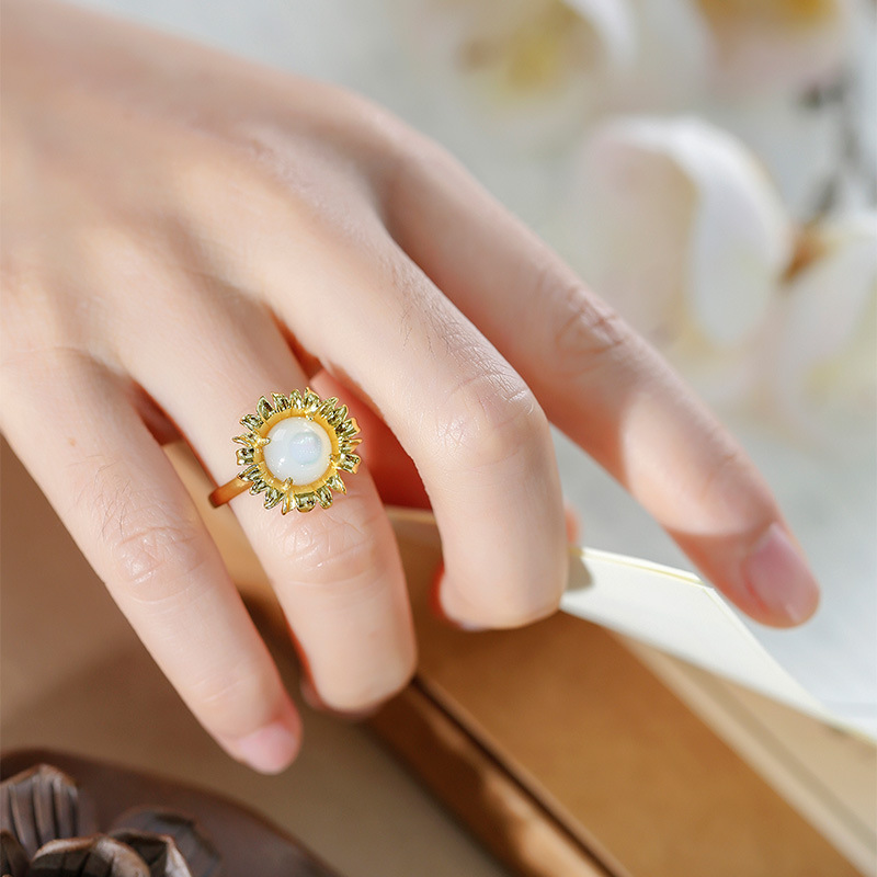 S925 Silver Inlaid Seashell Sunflower Open Ring